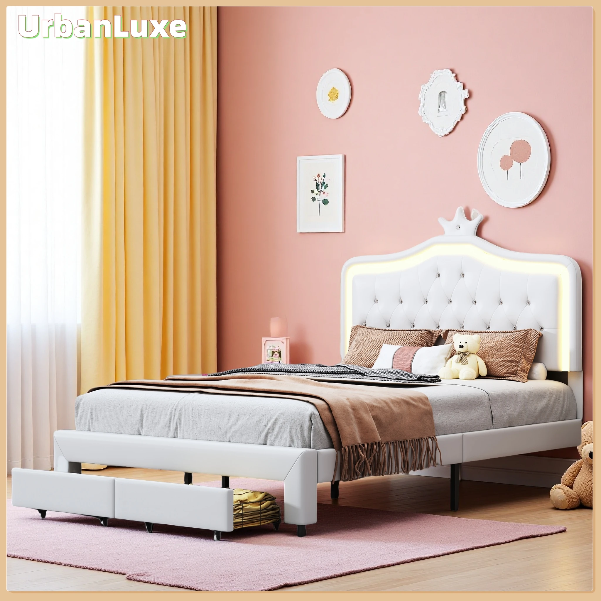 UrbanLuxe Jugendbett 140x200 mit LED-Lichtleiste und 2 Schubkästen, Bett mit Stauraum, Kronenkopfteil, PU, ​​weiß