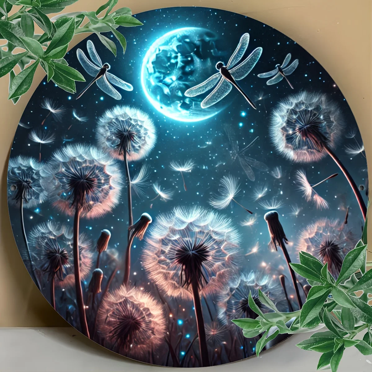 Runde Vintage-Metallplatte mit Löwenzahn und Libelle, Retro-Wandkunst, perfektes Geschenk für die Heimdekoration für Freunde und Familie Image