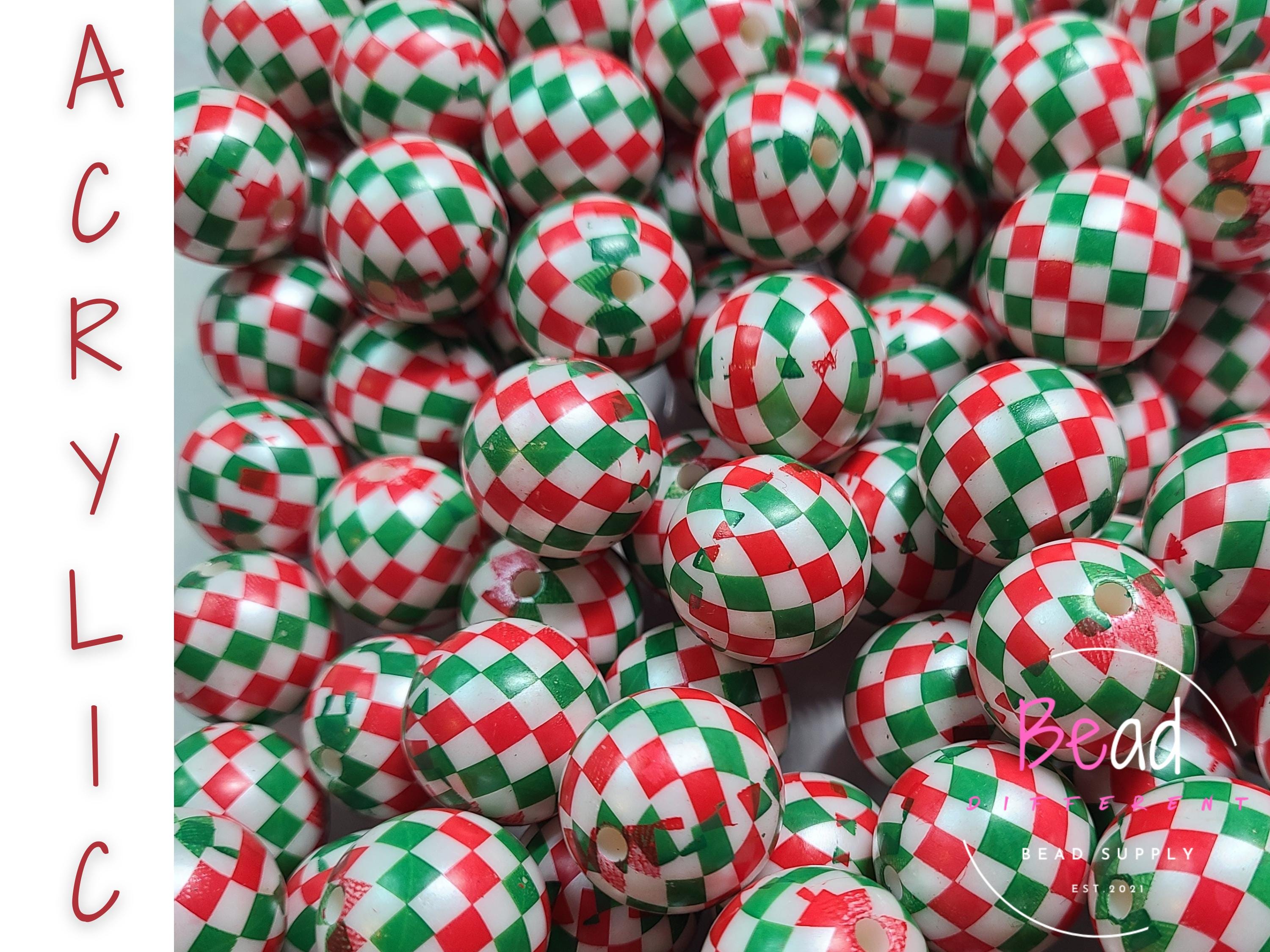 Perline Bubblegum da 20 mm, perline a scacchi, perline grosse, perline acriliche, perline rosse e verdi, perline natalizie, perline per penne, perline