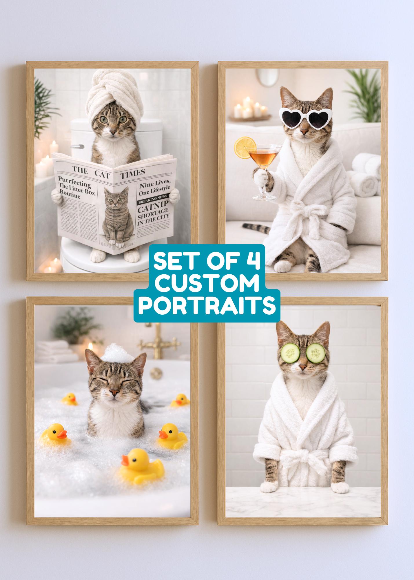 Ritratti personalizzati per gatti in stile spa (set di 4) - Opere d'arte personalizzate per animali domestici (download digitale 5 x 7 pollici)