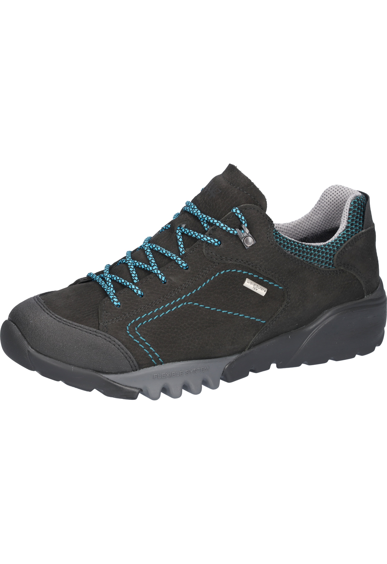 Trekkingschuh WALDLÄUFER "H-Fritz", Herren, Gr. 8,5 (42,5), schwarz, türkis, Gummi, Nubukleder, Textil, kontrastfarbene Details, Schuhe Trekkingschuh, Freizeitschuh, Outdoorschuh, Sneaker mit TEX-Ausstattung, H-Weite