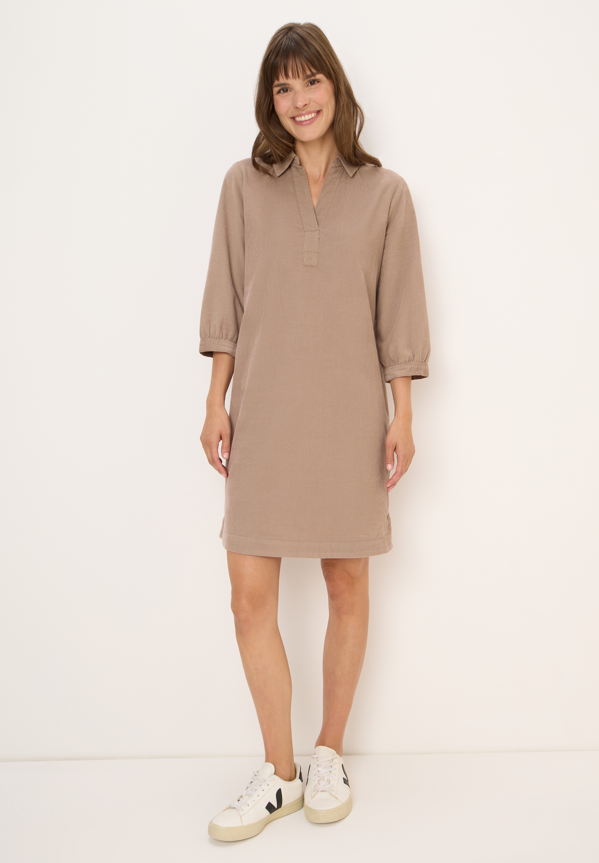 Midikleid CECIL, Damen, Gr. XS (36), US-Größen, beige (natural taupe), Web, 100% Baumwolle, unifarben, normal knielang, V-Ausschnitt, Bündchen, Kleider Midikleid, in Unifarbe