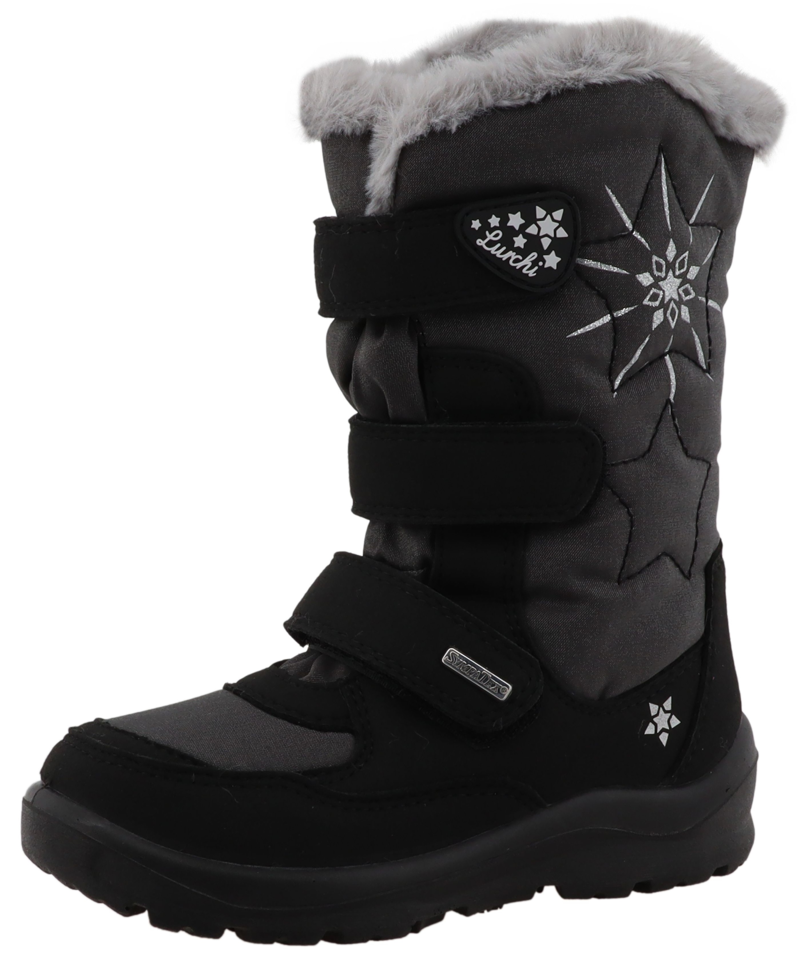 Winterstiefel LURCHI "Kiku SYMPATEX", Damen, Gr. 26, schwarz (schwarz, grau), Lederimitat, Textil, Schuhe Winterstiefel, Klettstiefel mit Glitzer, Größenschablone zum Download