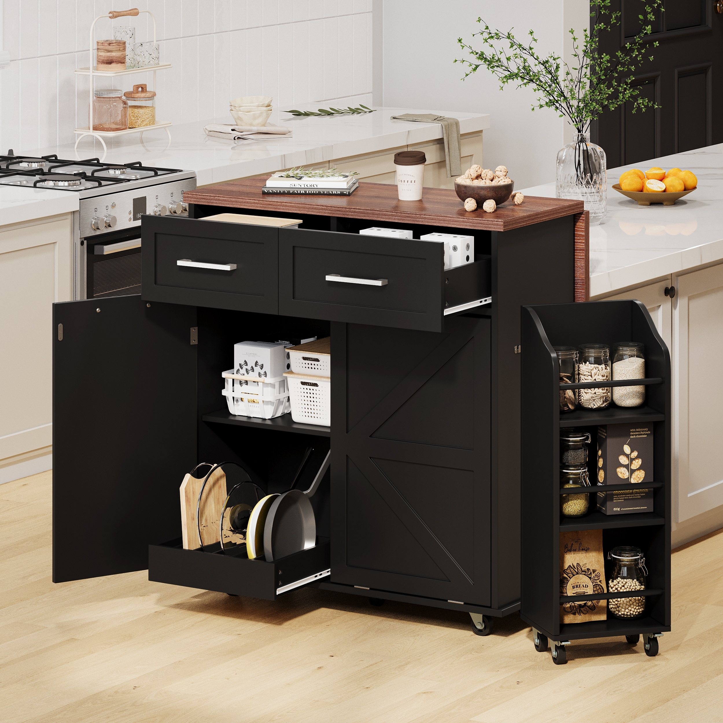 Farmhouse Kitchen Island with Folding Panels 2 Drawer, Trash Can Cabinet Removable Side Shelves and Towel Rack, for Kitchen‌