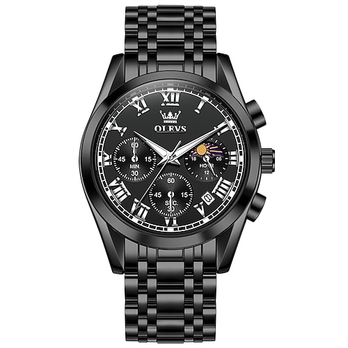 Montre Olevs 2871 pour homme, bracelet en acier inoxydable, étanche jusqu'à 30 m, avec calendrier et phases de lune