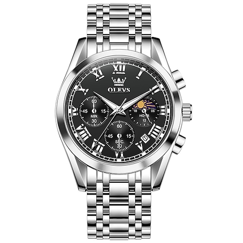 Montre Olevs 2871 pour homme, bracelet en acier inoxydable, étanche jusqu'à 30 m, avec calendrier et phases de lune