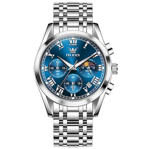 Montre Olevs 2871 pour homme, bracelet en acier inoxydable, étanche jusqu'à 30 m, avec calendrier et phases de lune