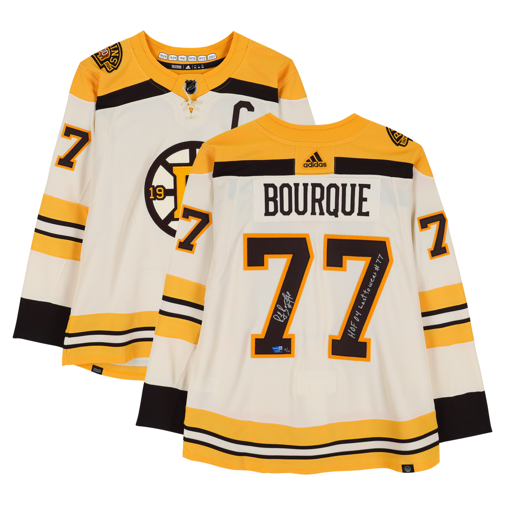 Ray Bourque Boston Bruins signiertes cremefarbenes alternatives Adidas-Trikot zur 100. Jubiläumssaison mit mehreren Inschriften – limitierte Auflage von 10 Stück Image