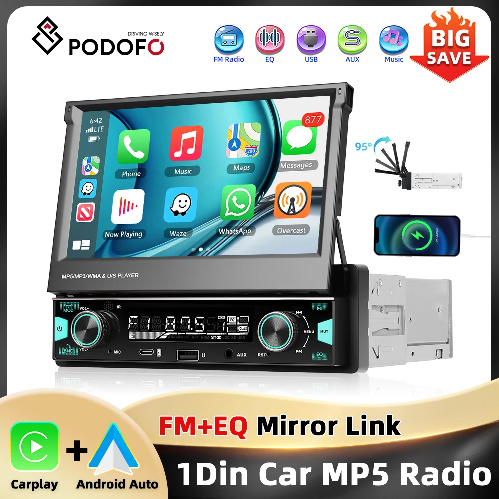Podofo 7'' 1Din einziehbarer Bildschirm EQ Sound FM/AM/RDS Multimedia Player Carplay Android Auto Bluetooth Typ-C USB SWC Auto Audio Image