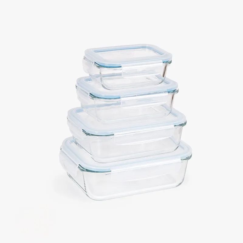 Set di 4 contenitori ermetici in vetro borosilicato - Lunch box rettangolari da 370cc a 1500cc, contenitori per alimenti in vetro, contenitori ermetici in vetro da 1l - Con coperchio - Senza BPA -