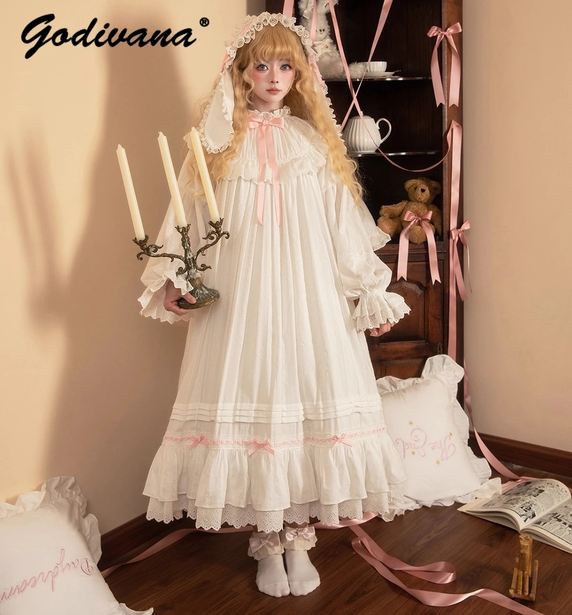 Vintage Doll Feel Jacquard Baumwolle Spitze Schleife Nachthemd Prinzessin Pyjama Set Mädchen Damen Lolita Süße weiße lange Nachthemden Image