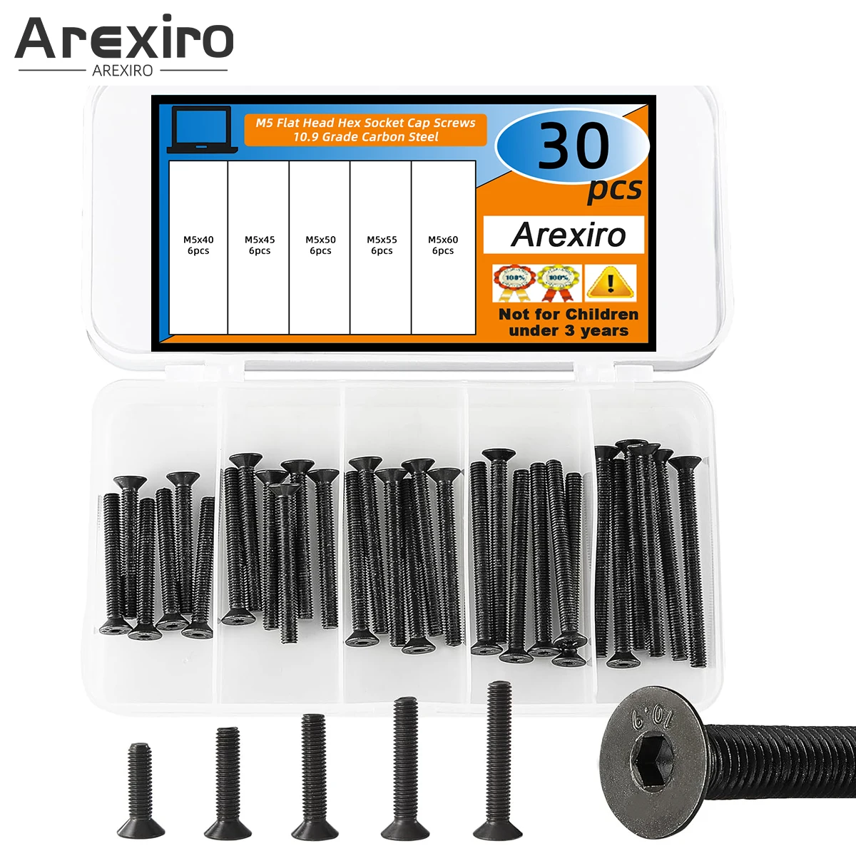 50 Stück M5 x 40/45/50/55/60 mm Flachkopf-Sechskantschraube Senkkopfschraube, Kohlenstoffstahl der Güteklasse 10.9 Image