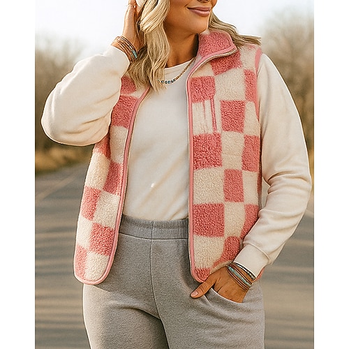 Damen Kariert Herbst Top Wintermantel Fleeceweste Langarm Oberteil Athleisure Herbst Warm Outdoor Reise Sport Sportbekleidung Sportkleidung Schwarz Rosa Khaki Image