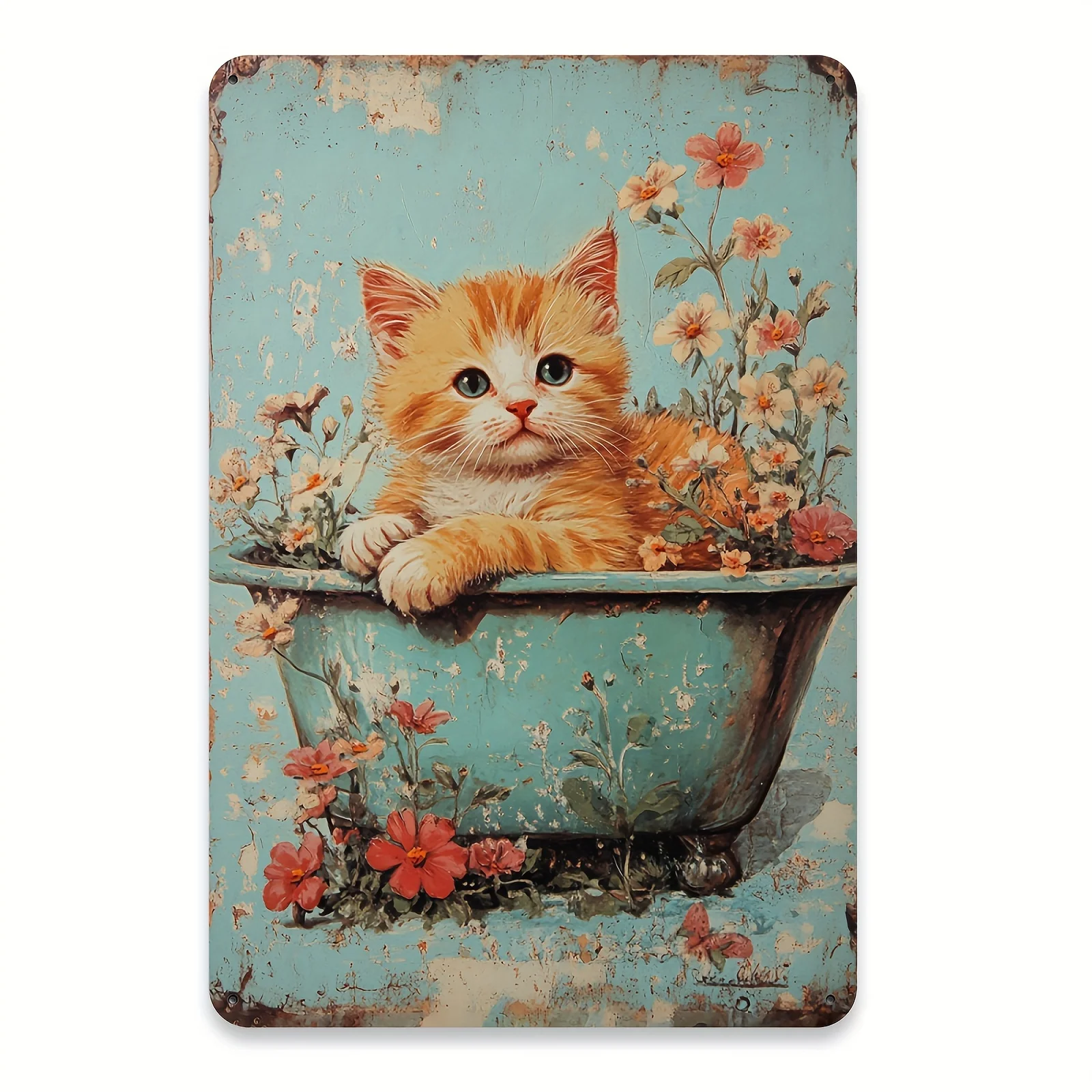 Vintage-Kätzchen in der Badewanne, Metall-Wandkunst – humorvolles Eisen-Blechschild für Café, Zuhause, Bar, Gartendekoration, orangefarbene Katze mit grünem Ey Image