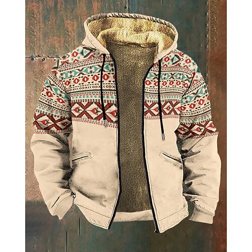 Herren Grafik Geometrisch Kapuzensweatshirt Jacke Mode Streetwear Lässig Langarm Mit Kapuze Outdoor Sport im Freien Ausgehen Khaki Dunkelgray Grau Tasche Druck Fleece Winter Designer S M L XL 2XL 3XL Image