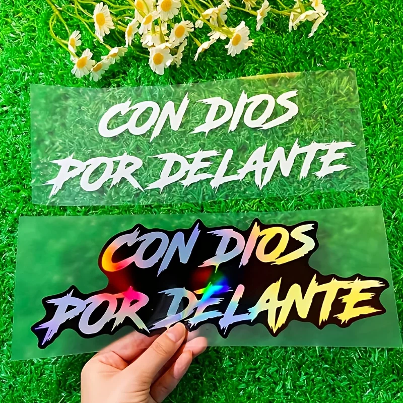 1 cooles „Con Dios Por Delante“-Aufkleberpaar, lebendige Aufkleber in klassischem Weiß und schimmerndem Holografisch für Auto- und Tech-Ausrüstungsdekoration Image