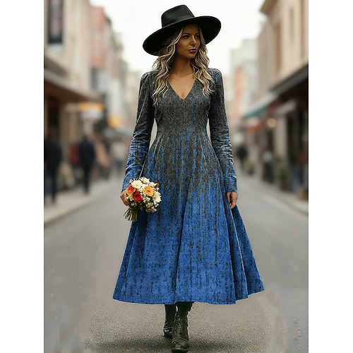 Damen Midikleid A Linie Kleid Urlaub Lässig Täglich Normale Passform Grafik Abstrakt Langarm V Ausschnitt Rote Blau Purpur Grün Herbst Winter Image