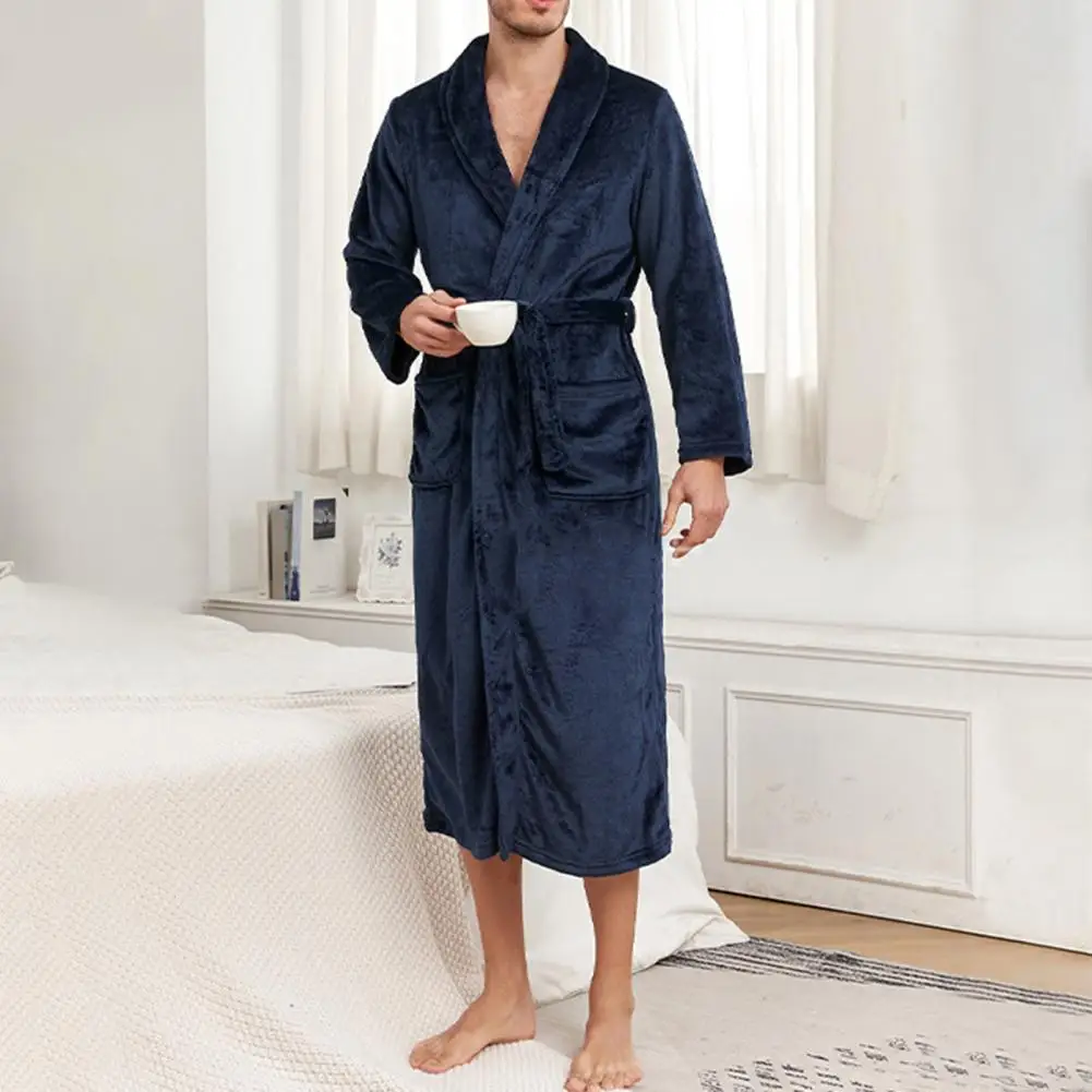 Herren Revers Homewear Bademantel Herren Revers Nachthemd Gemütliches Flanell Herren Winter Nachthemd mit Schnürgürteltaschen Warm für Spa Image