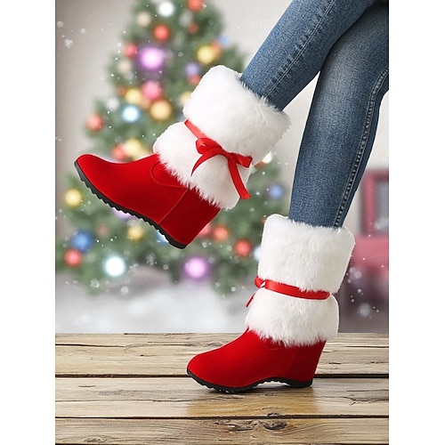 Rote, pelzgefütterte Keilstiefel für Damen mit Schleife – gemütliche Winterstiefel für Feiertagspartys, Weihnachten, Freizeitausflüge und kaltes Wetter Image