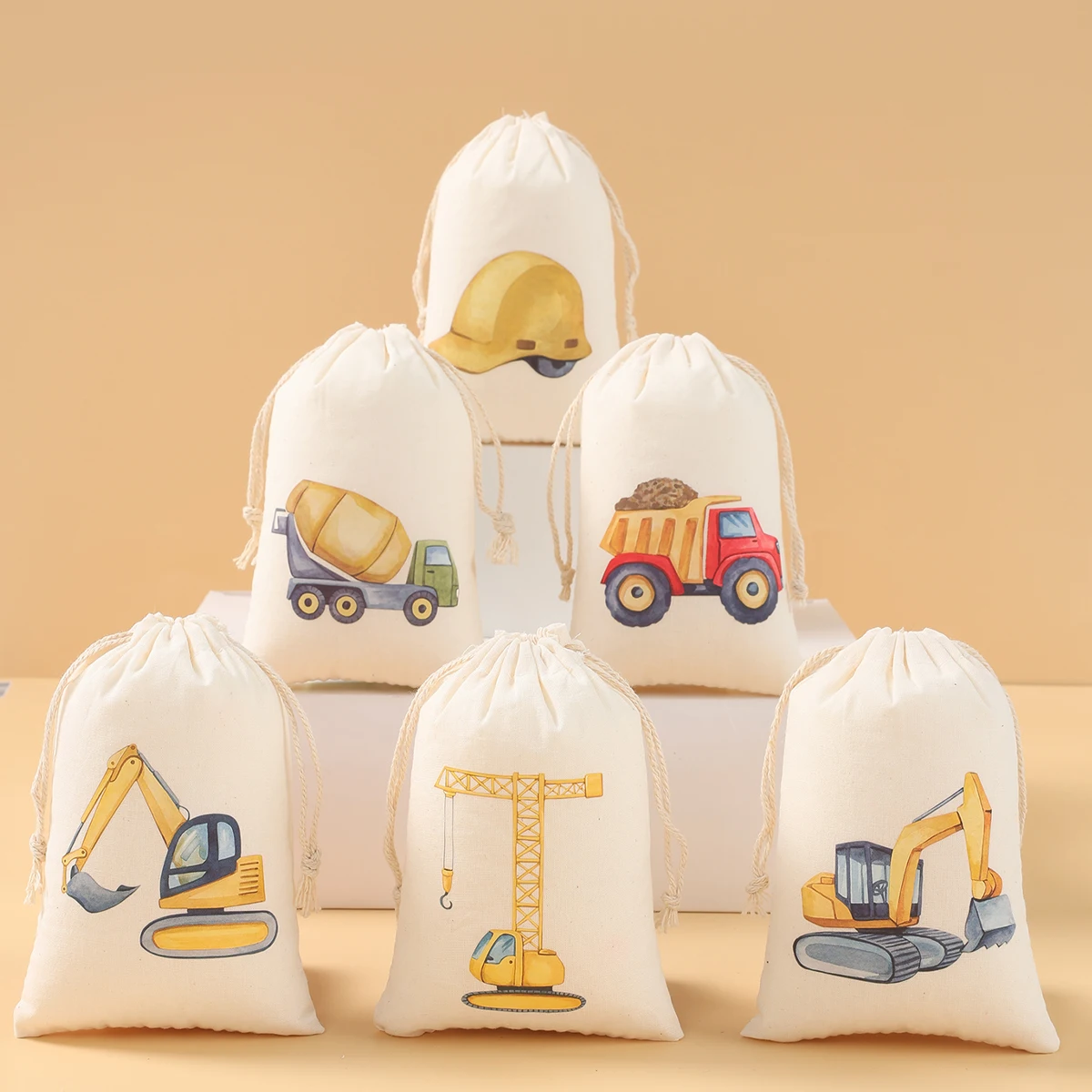 6 stücke Bau Party Geschenk Taschen Bau Lkw Geburtstag Baumwolle Kordelzug Süßigkeiten Taschen Bau Party Gefälligkeiten Baby Dusche Image