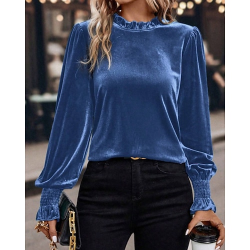 Damen Samt Elegant Bluse Gerafft Einfach Vintage Stilvoll Langarm Rundhalsausschnitt Normale Oberteile Täglich Ferien Ausgehen Blau Armeegrün Grün Rosa Herbst Winter Image