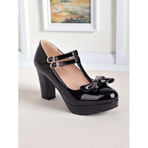 Damen-Pumps im Vintage-Stil der 1950er Jahre aus Lackleder mit T-Riemen und Schleifendetail, bequemer, klobiger Blockabsatz, elegant für Partys, Hochzeiten und besondere Anlässe Image