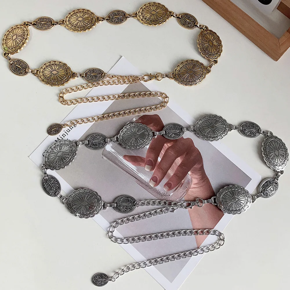 Damen-Taillenketten-Accessoires aus Metall im Retro-Stil. Dekorativer, kreisförmiger, geschnitzter Kettengürtel, Accessoires im hohen Stil