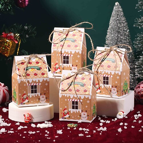 50 Stück Weihnachts-Leckerli-Boxen, Süßigkeiten-Lebkuchenhaus, Mini-Weihnachtsparty-Geschenkbox, kleiner Geschenkbehälter aus Pappe für Weihnachtsfeiertagsparty-Leckerli, Kekse, Leckereien, Snacks, Image
