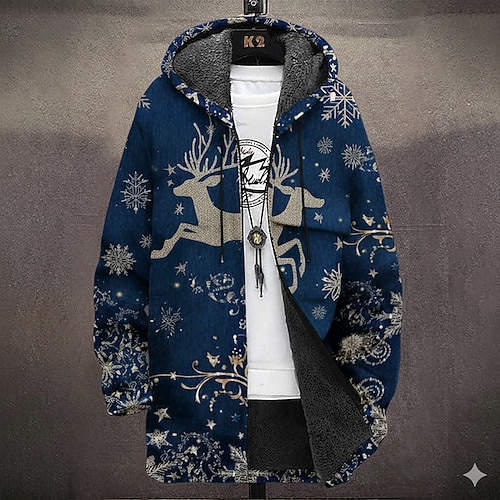 Weihnachten Herren Tiermotiv Jeder Wintermantel Fleecejacke Mantel Thermowarm Bequem Lässig Urlaub Alltagskleidung Festival Reißverschluss Tasche 3D-Druck Herbst Winter Mit Kapuze Langarm Rote Blau