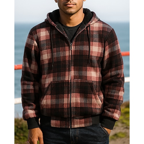 Weihnachten Herren Flanell-Jacquardjacke Kapuzenshirt Jacke Mit Taschen Langarm Oberteil Athleisure Herbst Winter Kariert Winddicht Warm Wandern Reise Urlaub Sportbekleidung Sportkleidung Schwarz Image