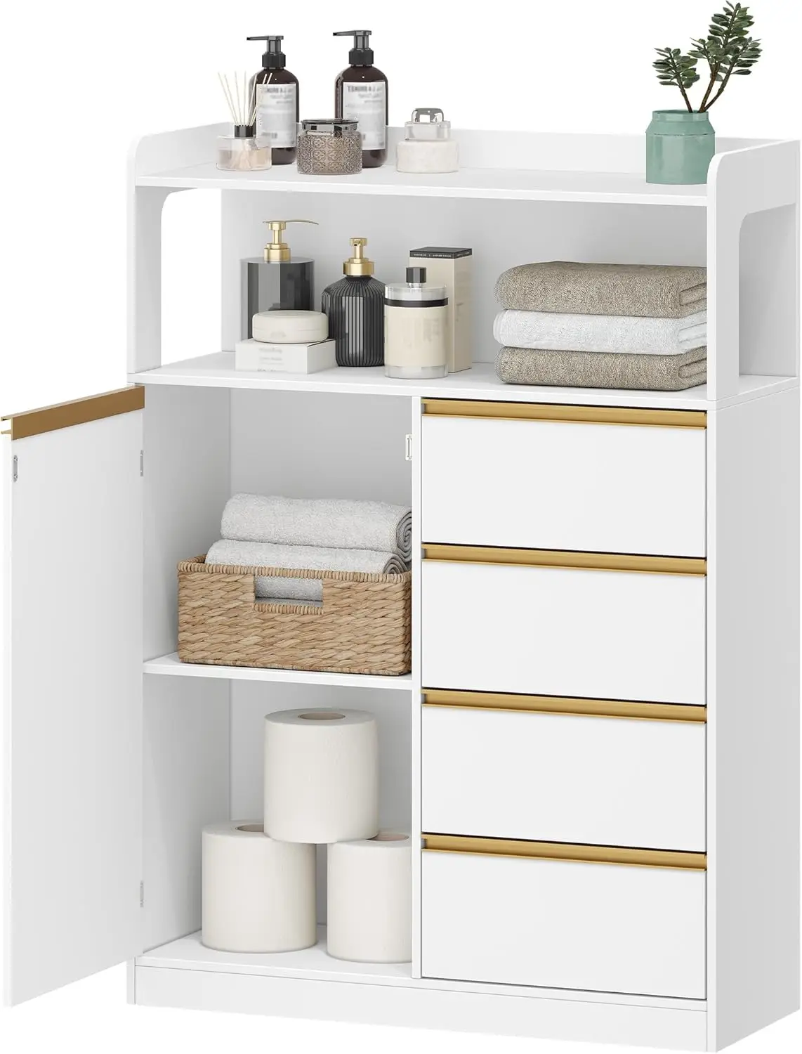 Badezimmer Cabinet, Kitchen Cabinet, Storage Cabinet with 4 Drawers and Open Shelf, Badschrank Hoch, Adjustable Storage,