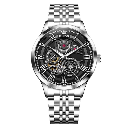 Olevs 7076 Mann Automatikuhr Mode hohle mechanische Uhr für Männer wasserdichte Edelstahlarmband römische Skala Zeigeruhr Uhr Image