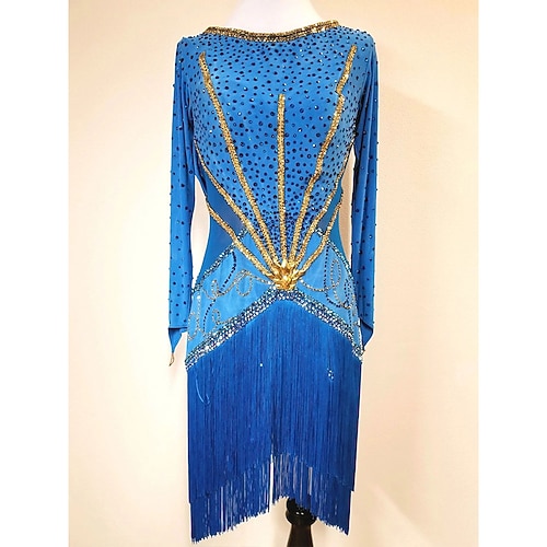Latein-Tanzkleid für Damen, königsblau, goldene Strasssteine, langärmliges Fransenkostüm für Cha-Cha-Cha-Samba-Rumba-Wettbewerbe Image