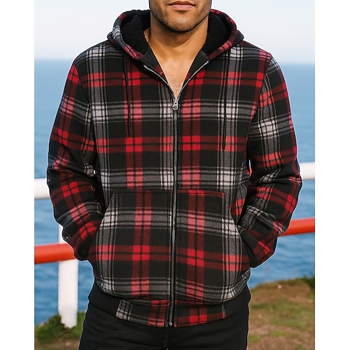 Weihnachten Herren Flanell-Jacquardjacke Kapuzenshirt Jacke Mit Taschen Langarm Oberteil Athleisure Herbst Winter Kariert Winddicht Warm Wandern Reise Urlaub Sportbekleidung Sportkleidung Schwarz Image