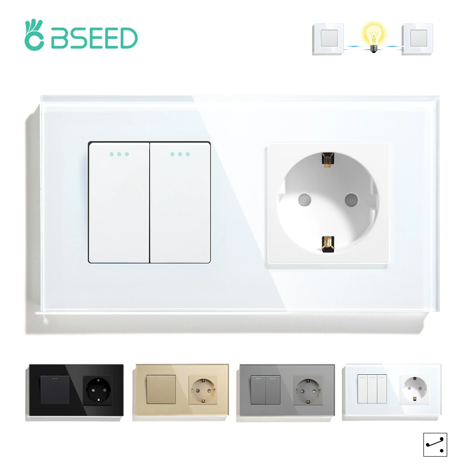 BSEED Mechanische Licht Schalter Steckdose Glas Rahmen 1/2/3Gang 2Way Wand Schalter Steckdose Taste schalter Steckdose