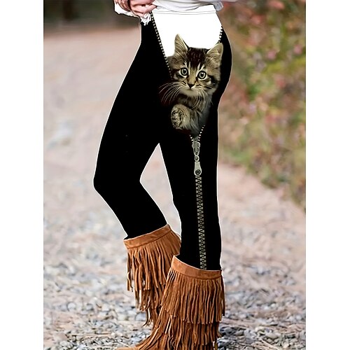 Damen Leggings Urlaub Vintage Mode Volle Länge Hohe Taille Grafik Tiermotiv Katze Drucken Thermowarm Weich Atmungsaktiv Dehnbar Täglich Outdoor Urlaub Schwarz Frühling Herbst Winter Schmale Passform Image