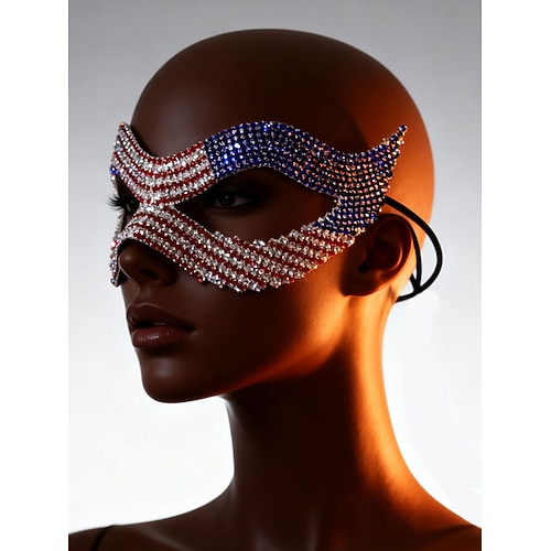 Strass-Maskenmaske mit amerikanischer Flagge für Damen, rot-blaue Kristall-Gesichtsmaske für Damen, patriotisches Kostüm-Accessoire für Maskenbälle, Partys Feste Image