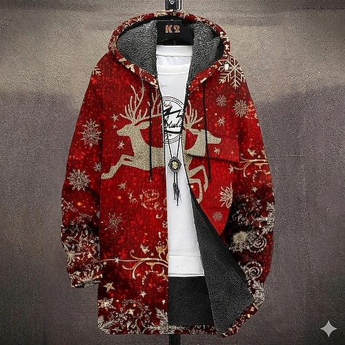 Weihnachten Herren Tiermotiv Jeder Wintermantel Fleecejacke Mantel Thermowarm Bequem Lässig Urlaub Alltagskleidung Festival Reißverschluss Tasche 3D-Druck Herbst Winter Mit Kapuze Langarm Rote Blau