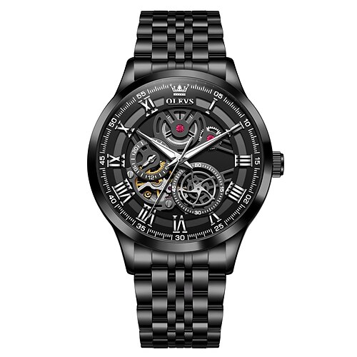 Olevs 7076 Mann Automatikuhr Mode hohle mechanische Uhr für Männer wasserdichte Edelstahlarmband römische Skala Zeigeruhr Uhr Image