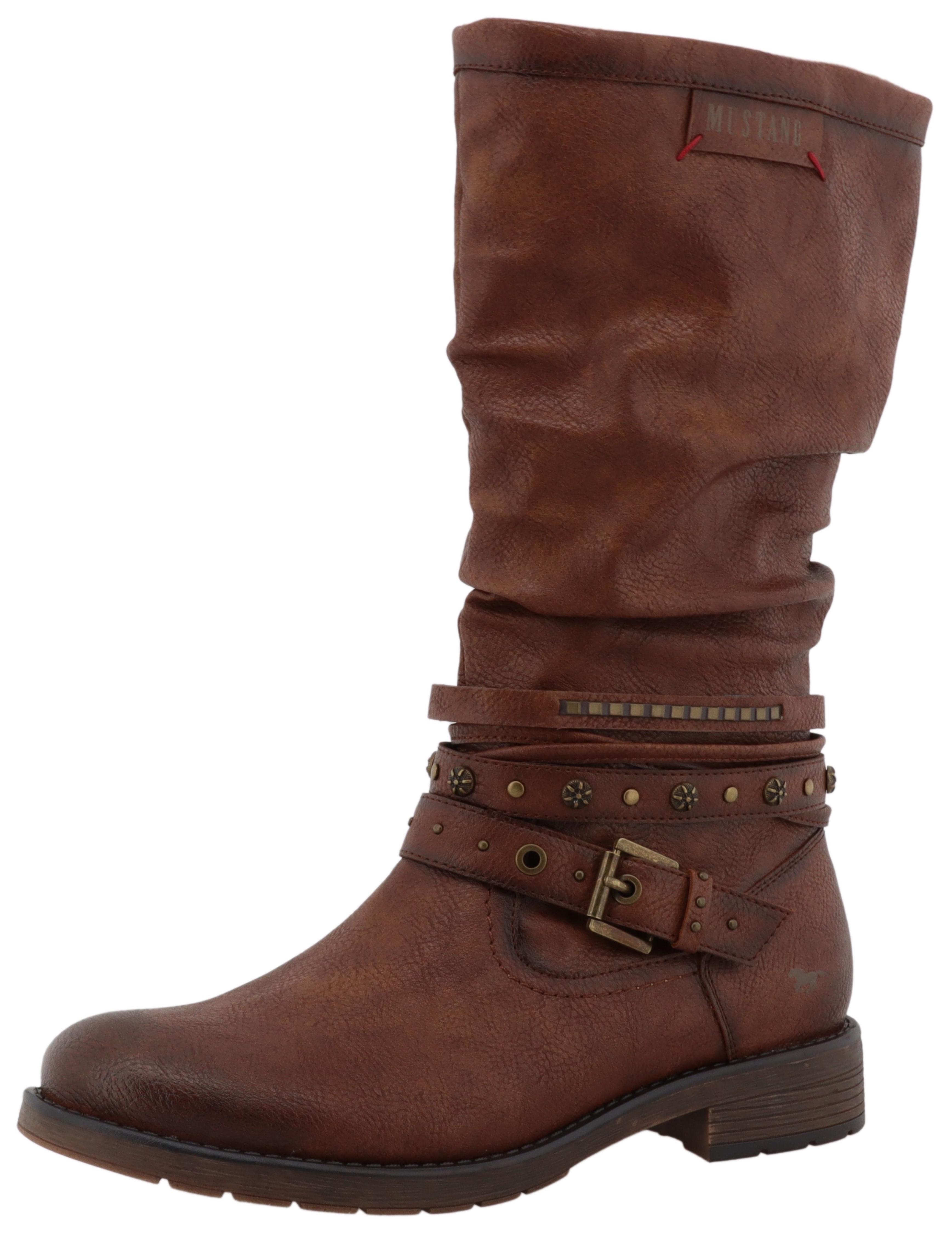 Winterstiefel MUSTANG SHOES "Elfi", Damen, Gr. 36, Normalschaft, braun (cognac), Lederimitat, Basic, Schuhe Winterstiefel, Stiefel mit Zierriemchen und Blockabsatz