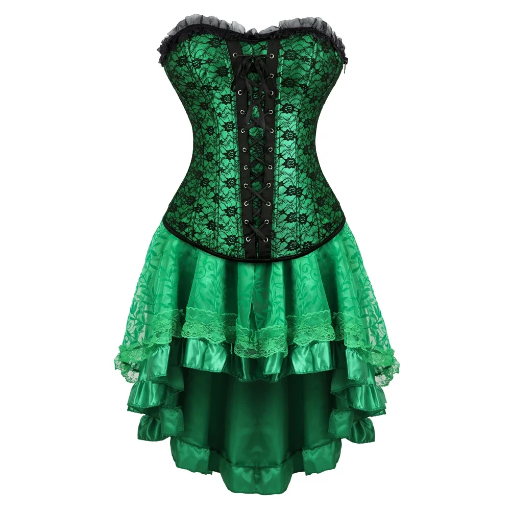 Grünes Korsettkleid in Übergröße, sexy Burlesque-Korsett mit Spitzenbesatz und Bustiers mit Rock, Vintage Poison Ivy Cosplay-Kostüme S-6XL