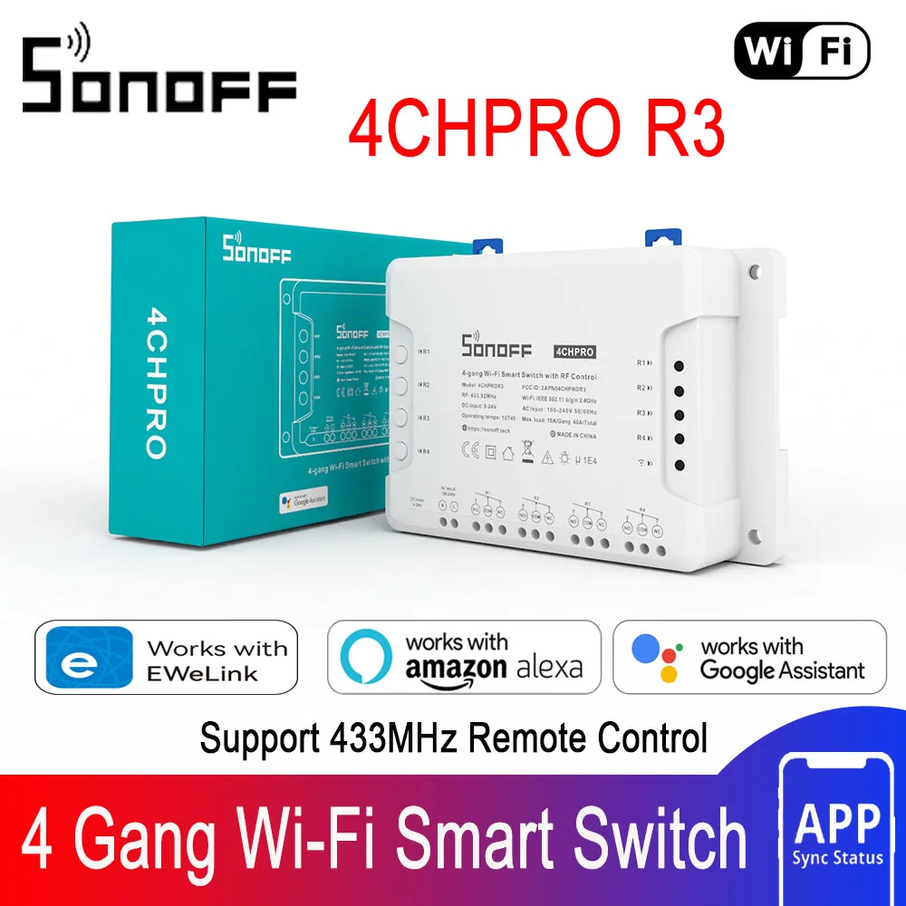 Sonoff 4CHPRO R3 WLAN-Lichtschalter, Fernbedienung, 433 MHz, RF-Smart-Home-Controller, 4 Kanäle/Gang, intelligentes drahtloses Schaltermodul Image