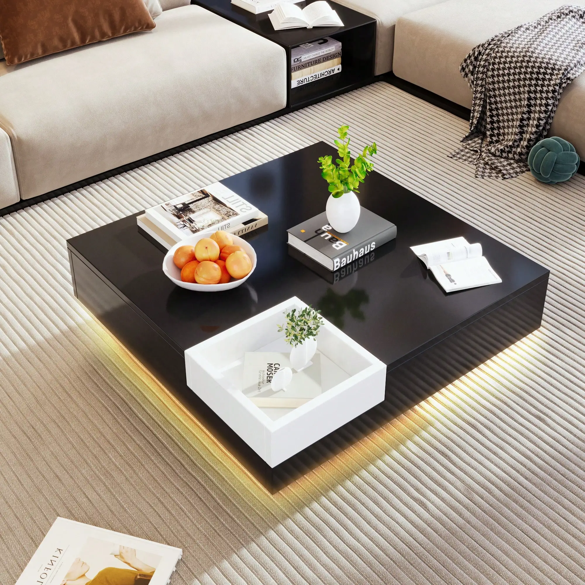 KOMHTOM Moderner quadratischer LED-Couchtisch, glänzend schwarz, Couchtisch, Wohnzimmermöbel, Wohnzimmertisch