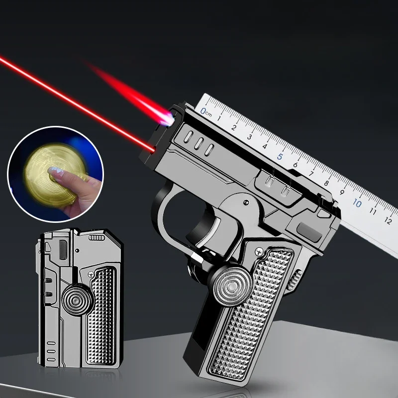 Kreatives faltbares Pistolenfeuerzeug, Butangas-Feuerzeug mit roter Flamme, gyroskopisches Feuerzeug, Herren-Gadget mit Laserlicht Image
