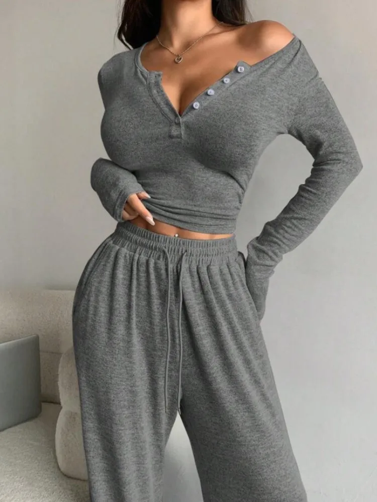 Frühling Herbst Frauen Zwei-stück Anzug Beiläufige Dünne Lange Hülse Trainingsanzug Anzug Taste Feste Strumpfhosen Und Hosen 2-stück Set Kleidung Image