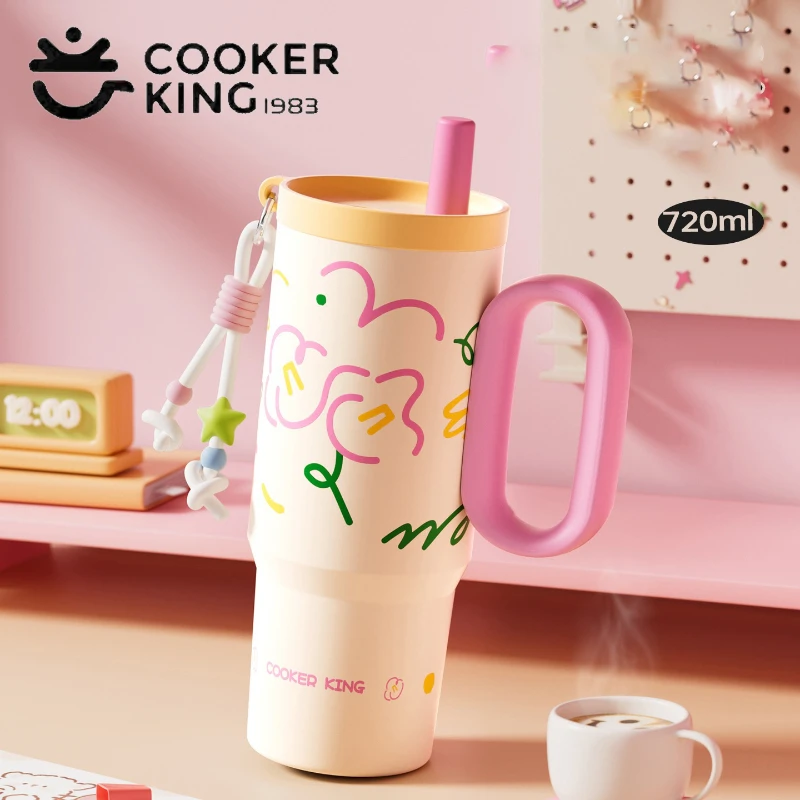 COOKER KinG 720 ml isolierte Eisbecher aus Stroh, 316 Edelstahl, Auto-Thermobecher, Becher mit Griff, stilvolle isolierte Kaffeetasse Image