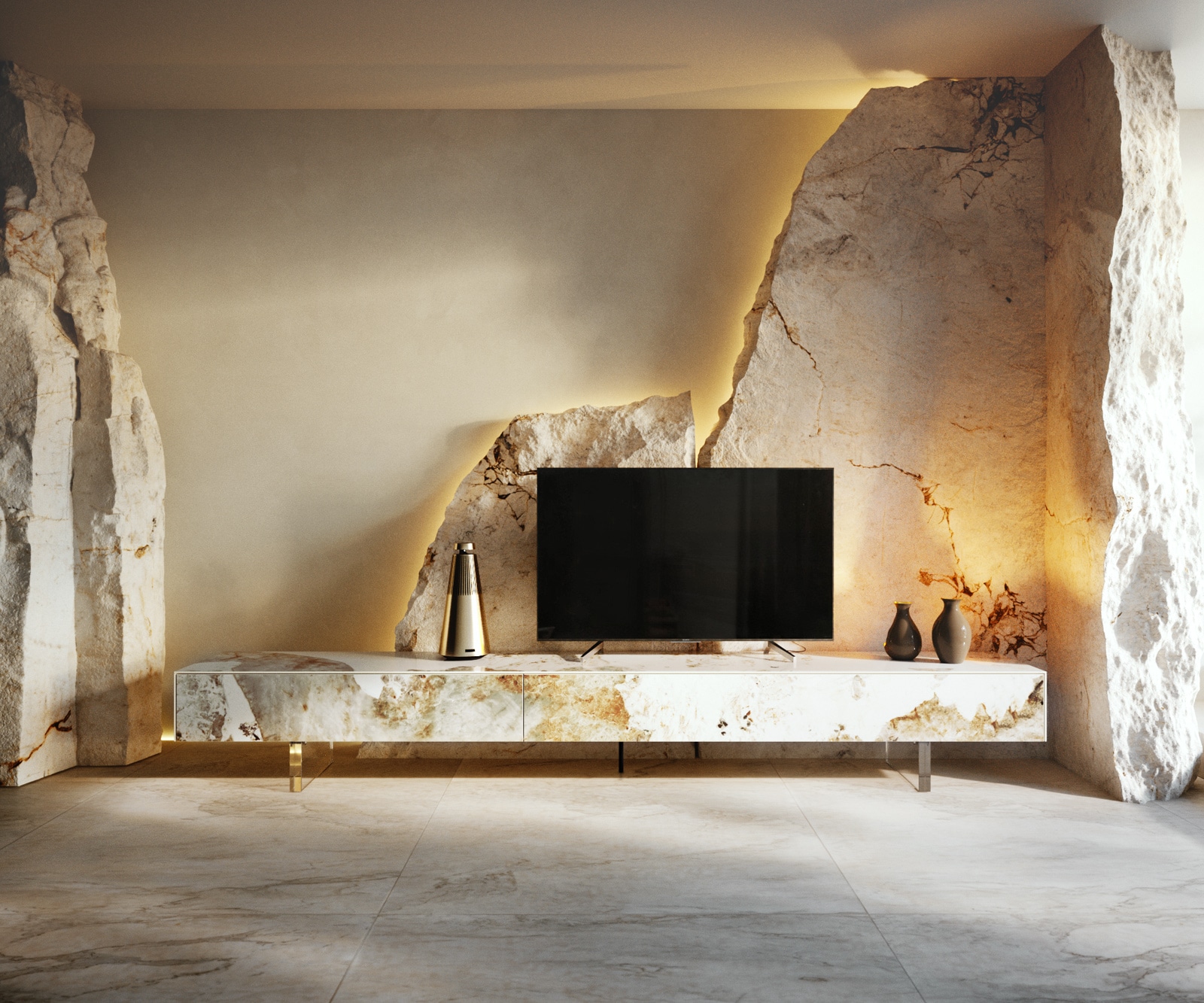 DELIFE Lowboard Cuor 250 cm Keramik Minas Melange Weiß-Beige 1 Klappe 1 Schubfach Fuß Schwebeoptik Acrylglas, Lowboards Image