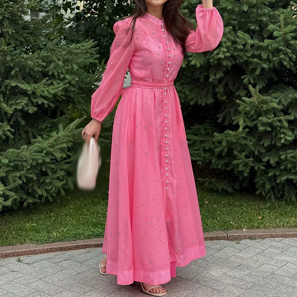Customized A-Line Prom Dresses Ankle-Length High-Neck Full Sleeve Evening Gown Fashion Crystal Simple Draped Casual Party Gown