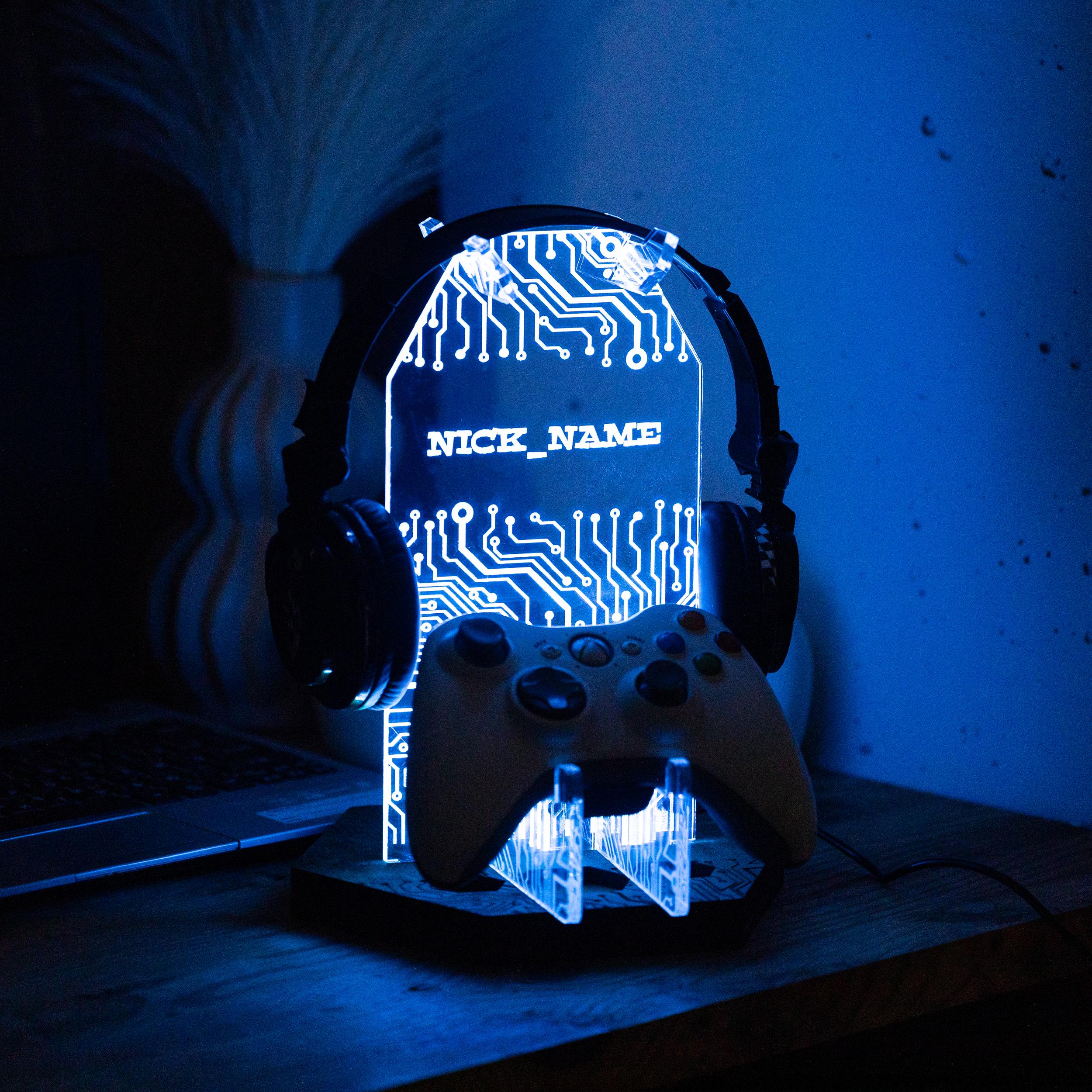Supporto per controller di gioco e cuffie, Supporto per cuffie da gioco personalizzato, Supporto per cuffie da gioco con testo personalizzato, LED per