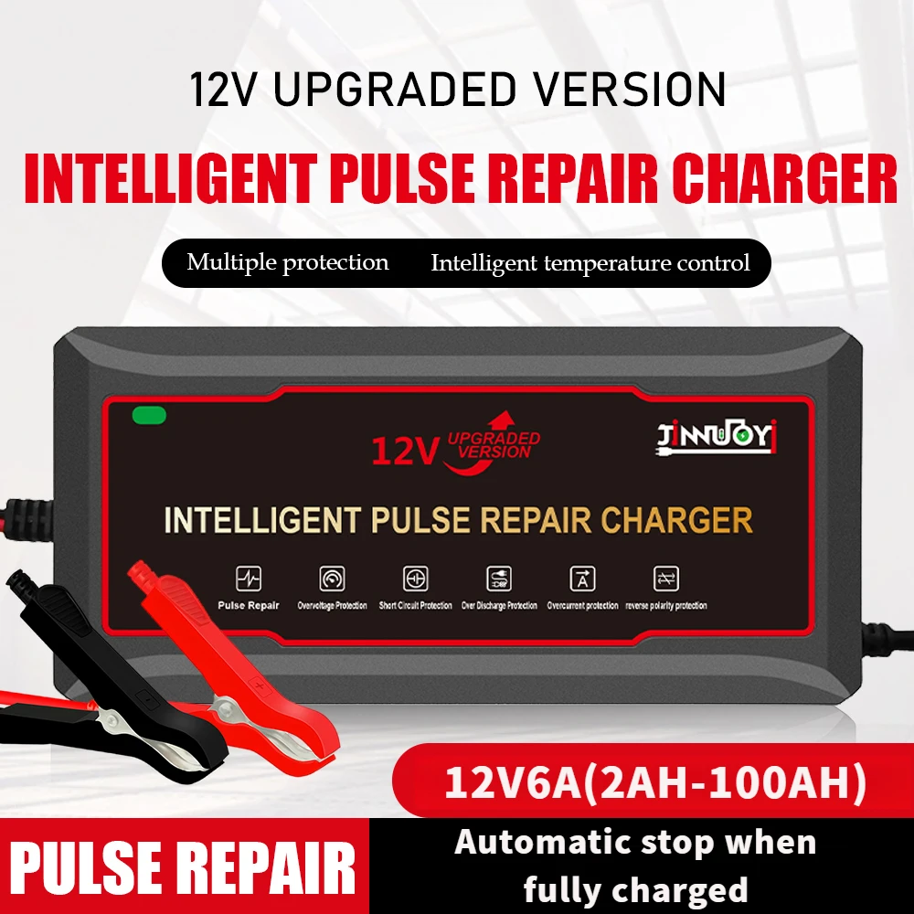 Chargeur de batterie de moto de voiture 12V 6A, entretien des impulsions, charge rapide intelligente, chargeur au plomb pour voiture et moto ﻿